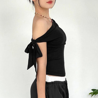 Casual Top Women'S Summer Ins Style New Shrink Pleated One-Shoulder Crop Top Backless Twist Tie Asymmetric T-Shirt SS69
