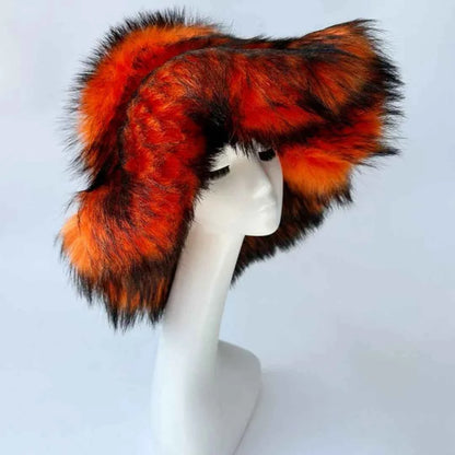 Luxury Fluffy Women Faux Fur Bucket Hats Oversized 17cm Wide Brim Thicken Outdoor Warm Plush Punk Hat Girl Y2k Female Ski Panama