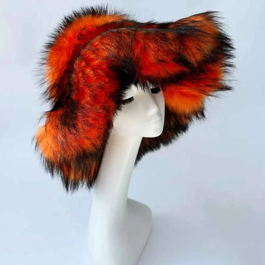 Luxury Fluffy Women Faux Fur Bucket Hats Oversized 17cm Wide Brim Thicken Outdoor Warm Plush Punk Hat Girl Y2k Female Ski Panama