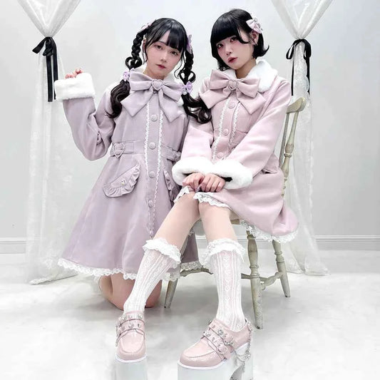 Japanese Sweet Winter Woolen Coat Lolita Style Cute Big Bow Fungus Edge Long Sleeve Slim Kawaii Girls Women Elegant Overcoat