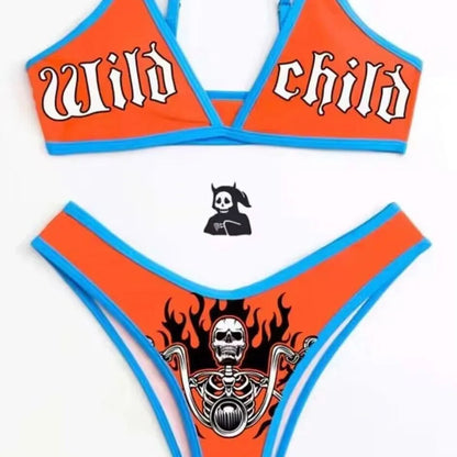 New Punk Gothic Letters Print Bikinis Set Sexy Bikini Women Skull Pattern V-neck Swimwear Fashion Swimsuit Bathing Suit SS69 24.69 3 / S