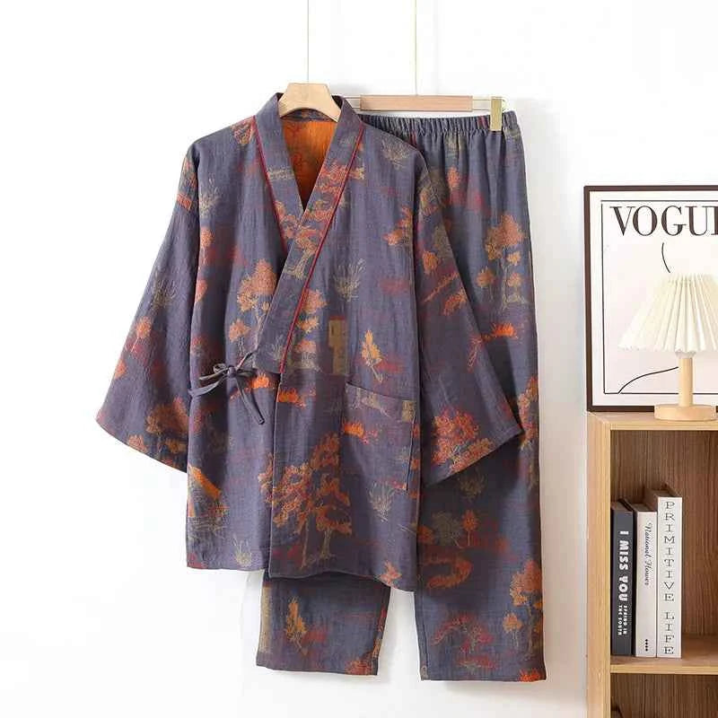 Men's Spring and Autumn Kimono Robes with Long Pants Pajamas Set Home Clothes Cotton Loose Pijama Masculino Clothes