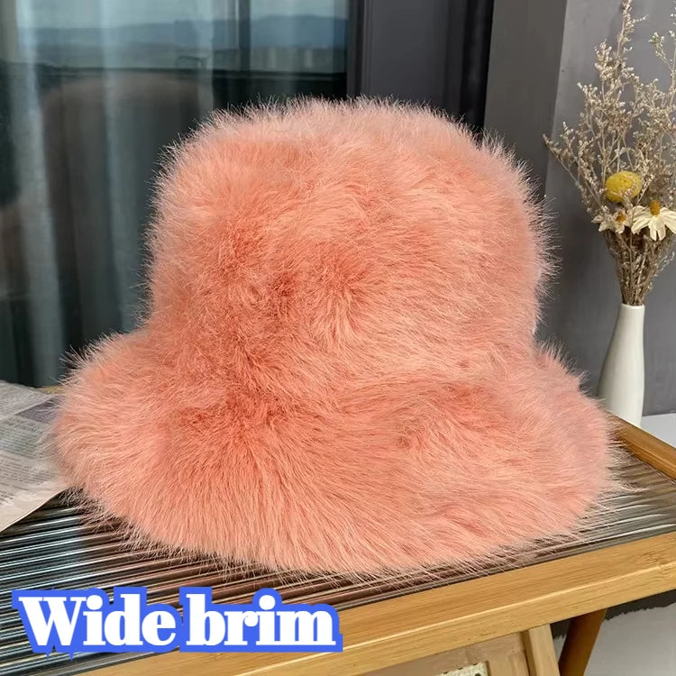 Women's Fluffy Faux Rabbit Fur Bucket Hat - Warm Plush Winter Cap