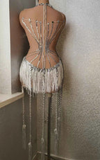 Sparkly Rhinestones Sequins Fringes for Women Stage Wear Leotard Sexy Mesh Transparent Performance Dance Costume Club Outfit