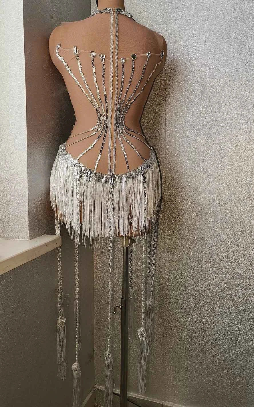 Sparkly Rhinestones Sequins Fringes for Women Stage Wear Leotard Sexy Mesh Transparent Performance Dance Costume Club Outfit
