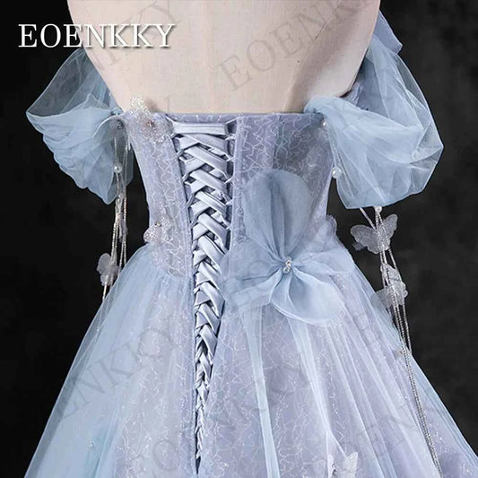 EOENKKY Blue Off Shoulder Princess Prom Dresses Celebrity A Line Pearls 3D Flowers Evening Gown платье на выпускной Customized