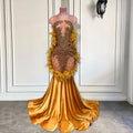 Long Gold Prom Dresses 2025 Sheer O-neck Sleeveless Sparkly Luxury Beaded Diamond Black Girls Feather Mermaid Prom Formal Gowns SS69 268.69 black / 2