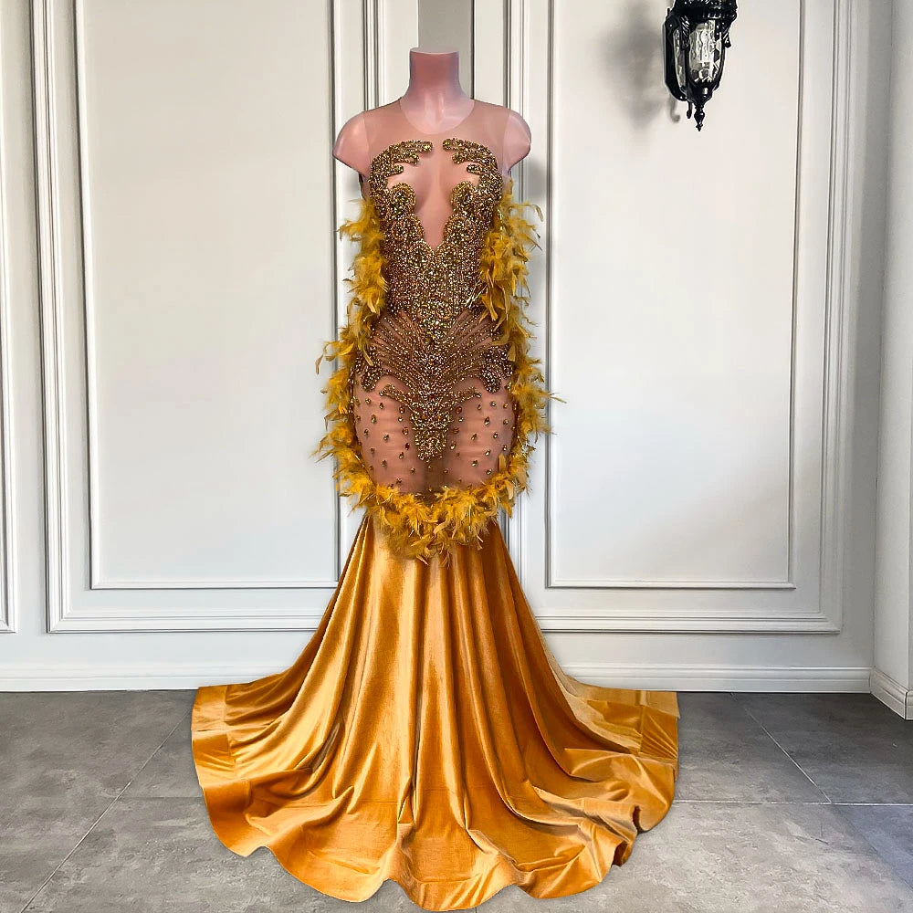 Long Gold Prom Dresses 2025 Sheer O-neck Sleeveless Sparkly Luxury Beaded Diamond Black Girls Feather Mermaid Prom Formal Gowns SS69 268.69 black / 2