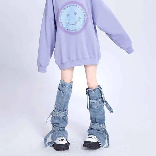 SS69 Y2k Denim Leg Warmers with Adjustable Buckle Straps Knee-High Gaiters