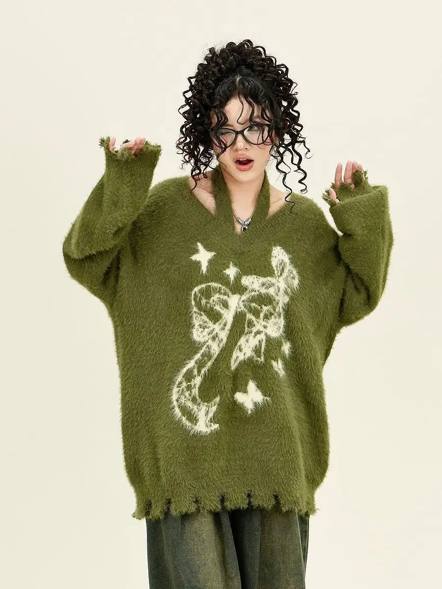 Winter American New Green Bow Neck Sweater Women Loose Print Pattern Vintage High Street Lazy Wind Knitted Sweater SS69