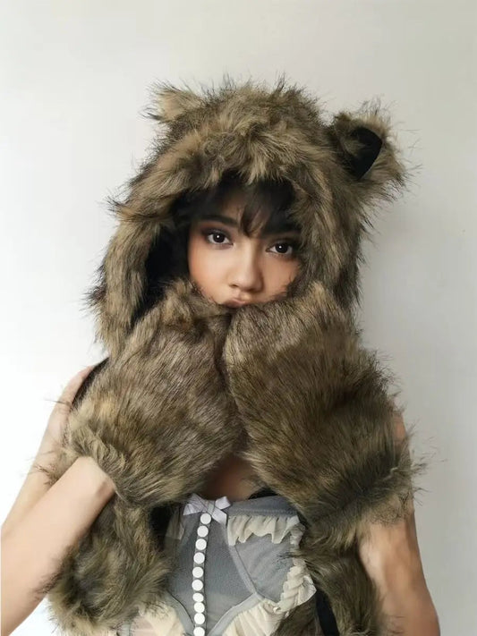 Japanese Kawaii Cute Fur Scarf Hat Winter Keep Warm Y2k Aesthetic Fashion Vintage Cap Bears Ears Women Hats Grunge Streetwear SS69