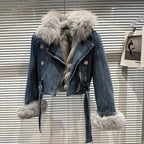 Winter Women Denim Coat Jacket Fox Collar Short  Warm High Street Outerwear Thicken Coat High Quality Luxury Design Party Wear
