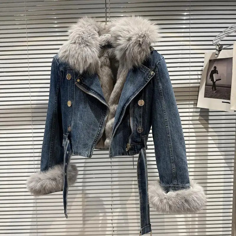 Winter Women Denim Coat Jacket Fox Collar Short  Warm High Street Outerwear Thicken Coat High Quality Luxury Design Party Wear
