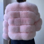 WGLUVF Women's Real Fox Fur Short O-Neck Coat