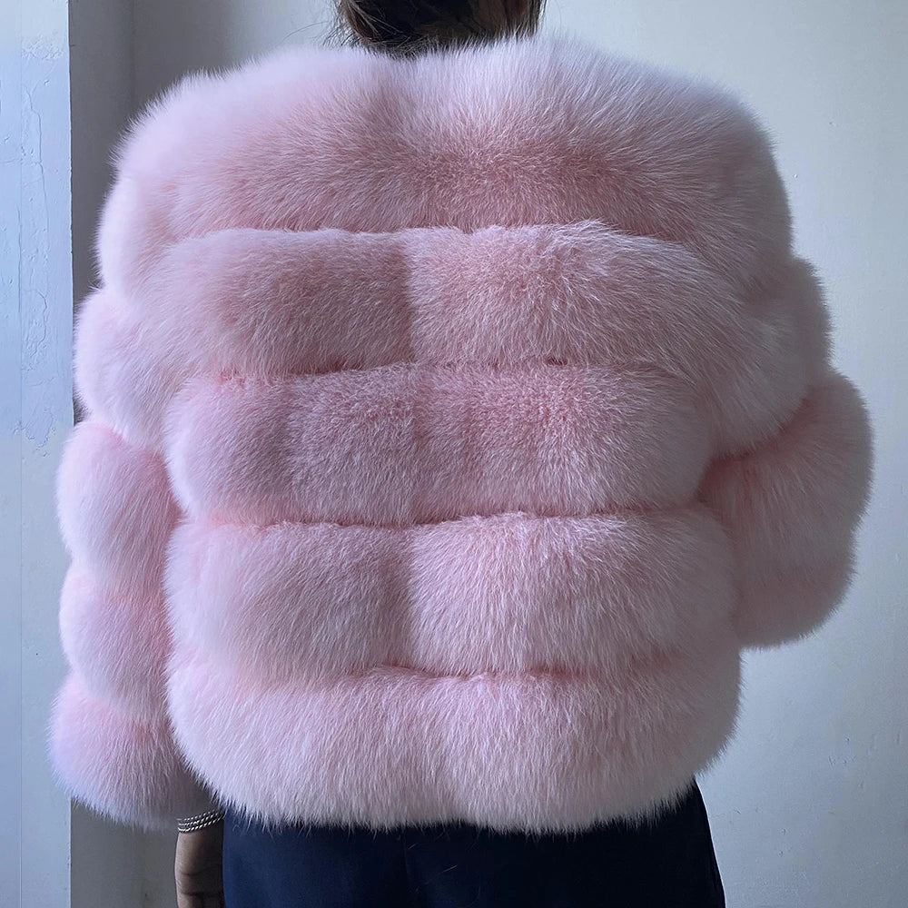 WGLUVF Women's Real Fox Fur Short O-Neck Coat