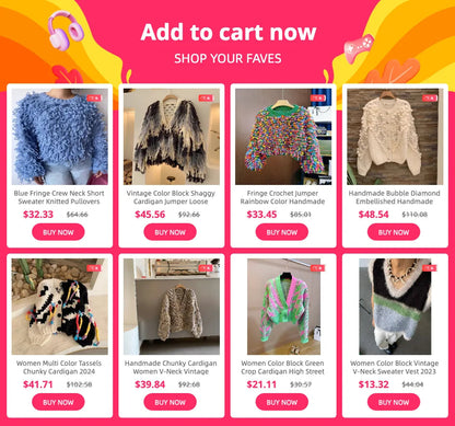 Fringe Crochet Jumper Rainbow Color Handmade Sweater Crew Neck Thick Needles Knit Pullover Knitwear Autumn/Winter Women Clothing SS69