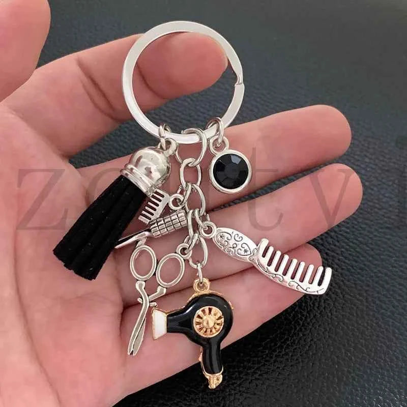 New fashion hairstyle gift charm tassel keychain retro jewelry mini hairdressing scissors hair dryer comb keychain DIY manual