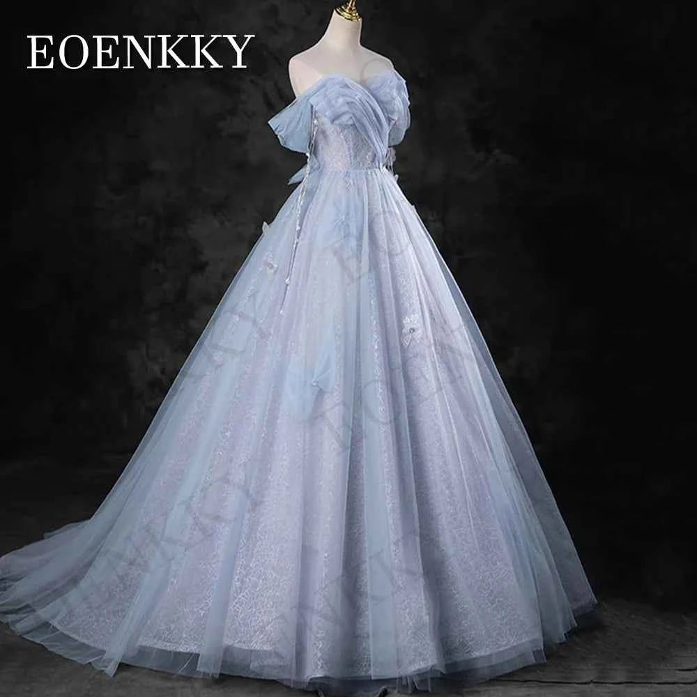 EOENKKY Blue Off Shoulder Princess Prom Dresses Celebrity A Line Pearls 3D Flowers Evening Gown платье на выпускной Customized