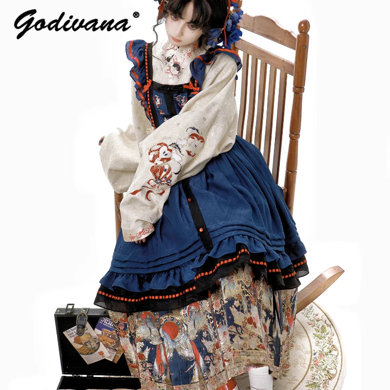 New Spring Chinese Style Female Long-sleeved Weaving Gold Hanfu Dress Set Suit Retro Top Suspender Dress and Pleated Skirt Set