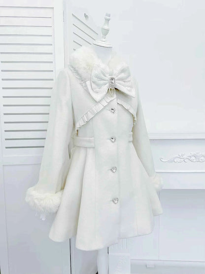 Japanese Mass-Produced Long Wool Collar Coat 20% Wool Waist-Cinching Sweet Girl Long Sleeve Slim Fit Elegant Lolita Woolen Coat