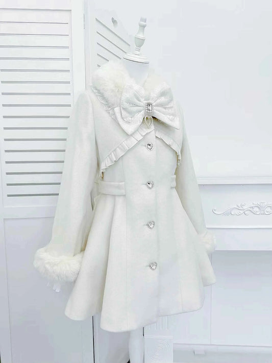 Japanese Mass-Produced Long Wool Collar Coat 20% Wool Waist-Cinching Sweet Girl Long Sleeve Slim Fit Elegant Lolita Woolen Coat