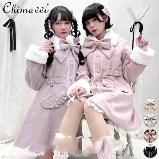 Japanese Sweet Winter Woolen Coat Lolita Style Cute Big Bow Fungus Edge Long Sleeve Slim Kawaii Girls Women Elegant Overcoat
