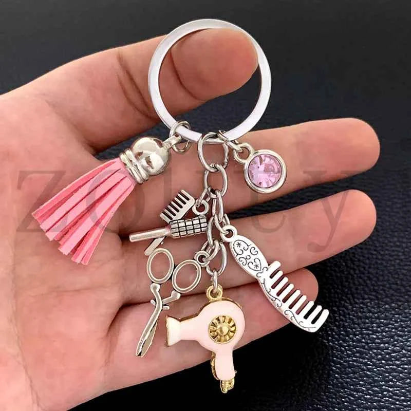 New fashion hairstyle gift charm tassel keychain retro jewelry mini hairdressing scissors hair dryer comb keychain DIY manual