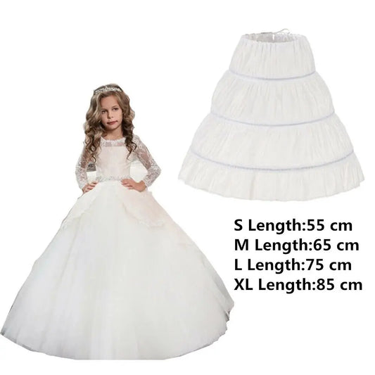 Girls A-Line Petticoat Skirt, 3-Hoop White Polyester Ball Gown Underskirt