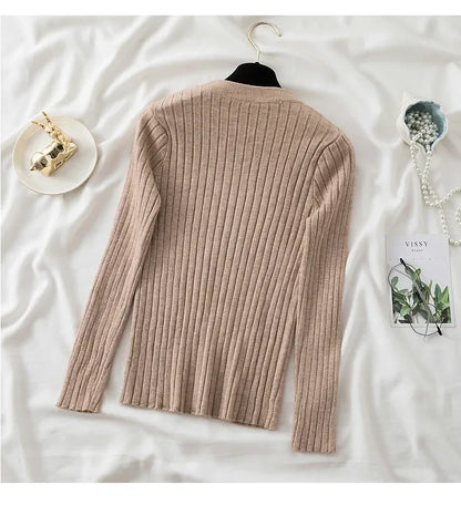 Women Pullovers Sweaters Knit Soft Jumper tops New Autumn Winter Tops O-Neck Ribbed Long Sleeve Korean Slim-fit Female Sweater