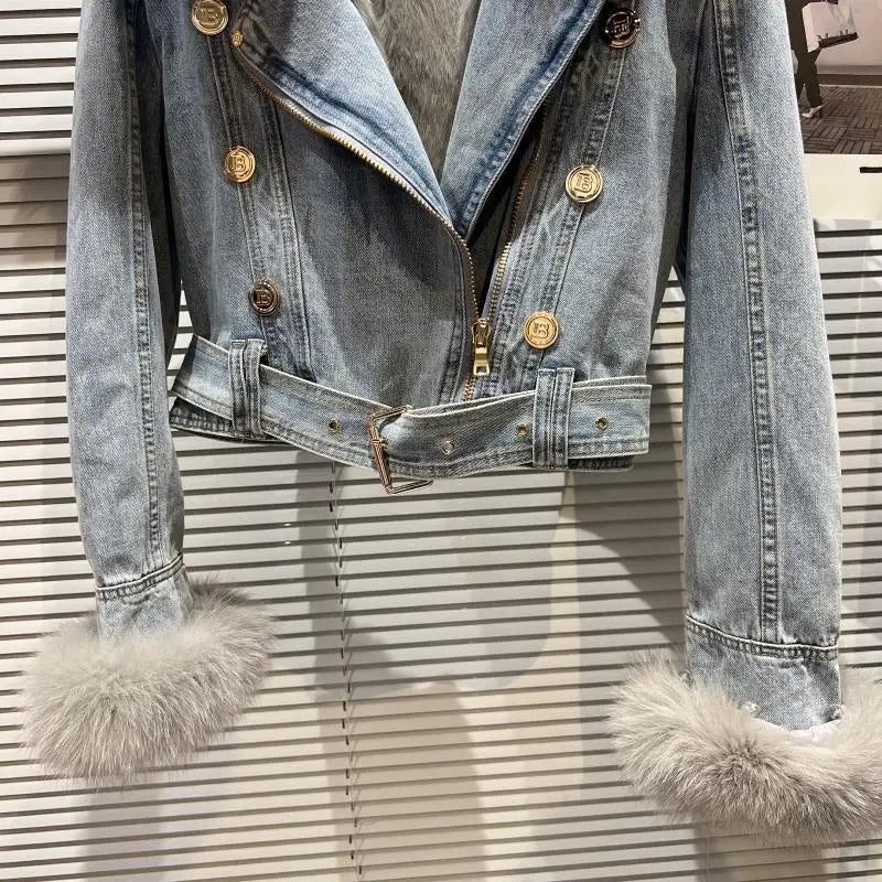 Winter Women Denim Coat Jacket Fox Collar Short  Warm High Street Outerwear Thicken Coat High Quality Luxury Design Party Wear