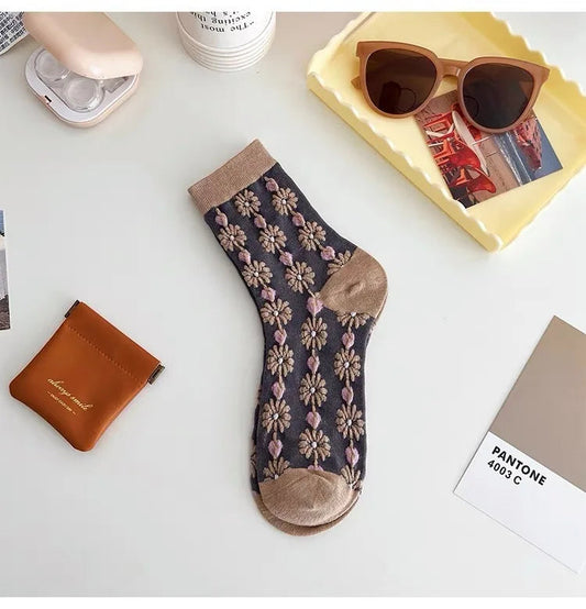 Cotton Fashion Korea Harajuku Retro Floral Vintage Woman Socks Novelty Ethnic Elegant Casual Ladies Girls Dress Brown Sox Autumn SS69 8.69 LYYZ3H4 / 35 - 40