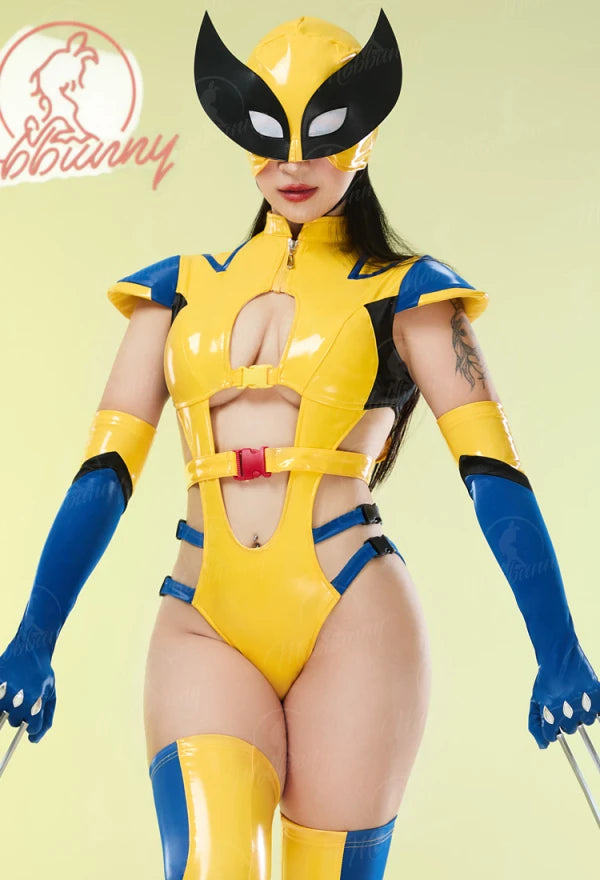 MOBBUNNY Women's PU Leather Bodysuit Cosplay Costume Set with Hat & Gloves