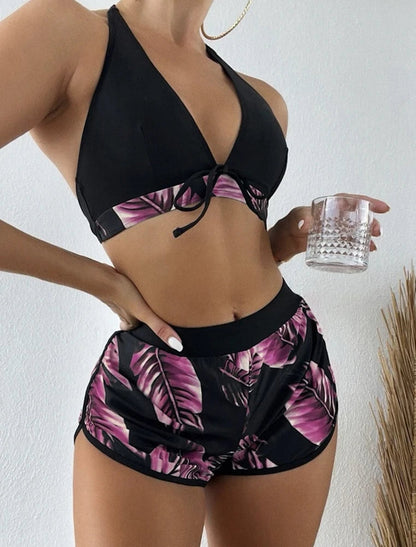 Women 2024 New Bikinis 6 Colors Sexy Halter Bikini 3 Piece Set Leafs Print High Waisted Swimsuit Beach Bathing Suit Size S-XXL SS69 14.69 YH953G7 / S