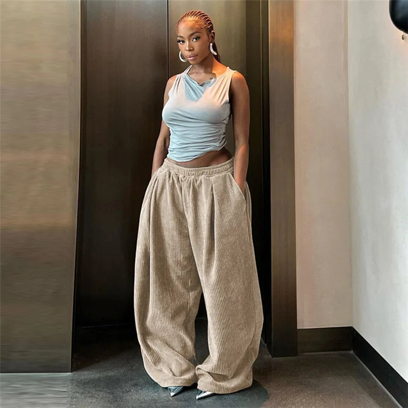 Casual Women's Pants Y2K Wide Leg Corduroy Women's Pants Hip Hop Loose Basic Pockets High Waist Pants SS69