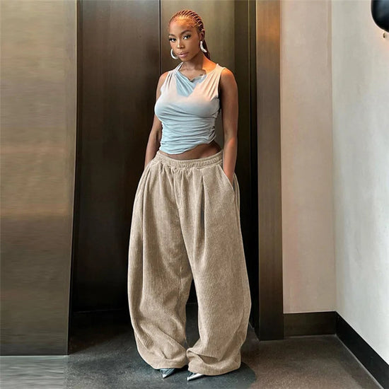 Casual Women's Pants Y2K Wide Leg Corduroy Women's Pants Hip Hop Loose Basic Pockets High Waist Pants SS69