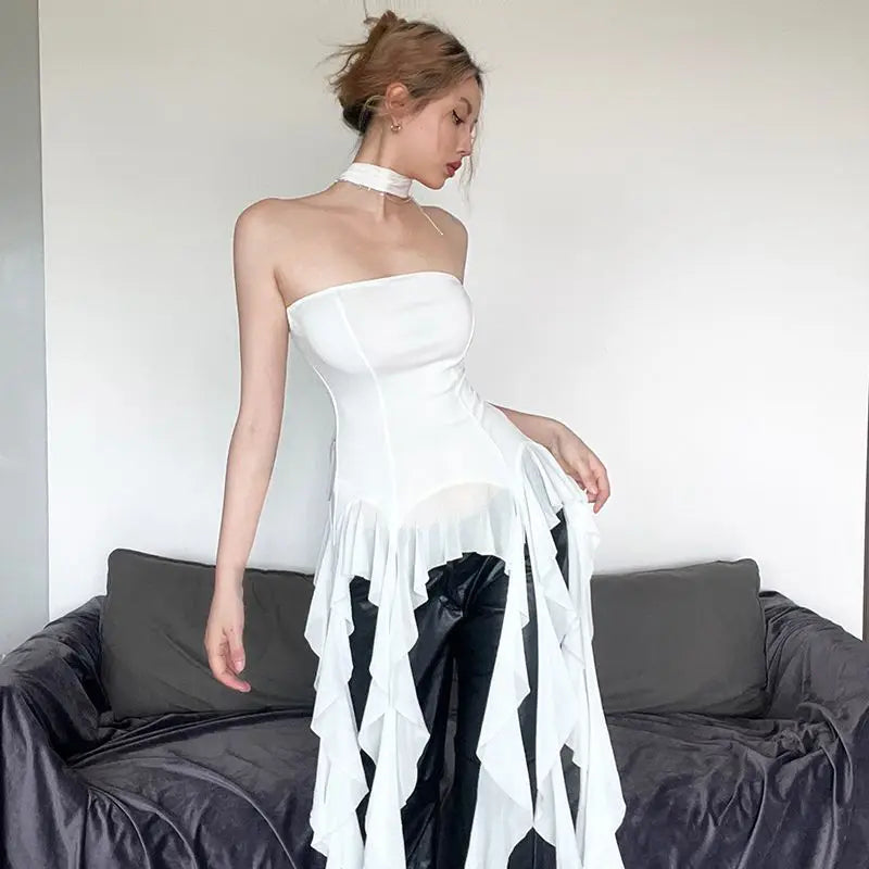 Sexy Off Shoulder Crop Tops Spring Summer Halter Sleeveless Streetwear Y2K White Solid Tank Top Casual Evening Party Club Tees SS69