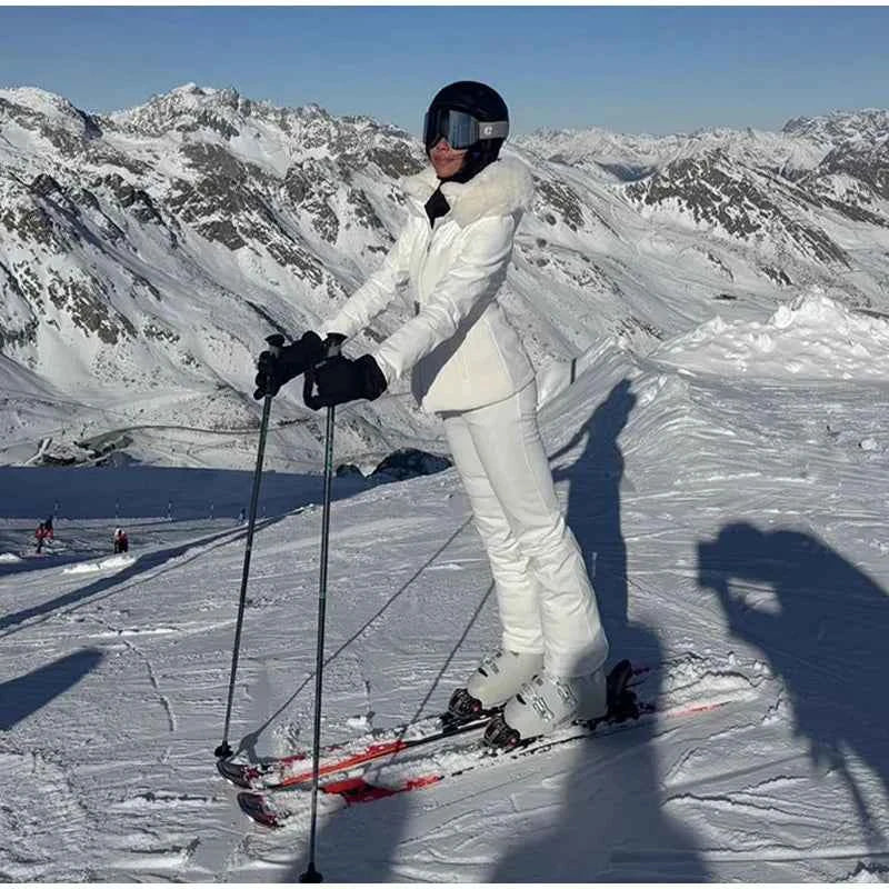 Fashion Solid Warm Ski Suit Women's Hood Fur Trim Full Sleeves Belt Coats High Waist Pants 2025 Winter Lady Windproof Tracksuit
