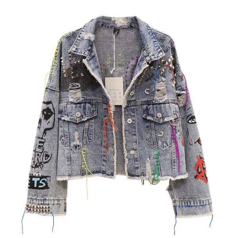 2025 Spring Autumn Women Street Fashion Graffiti Denim Jacket Female Short Frayed Raw Cut Rivet Jacket Fringe Jean Coat Outwear SS69