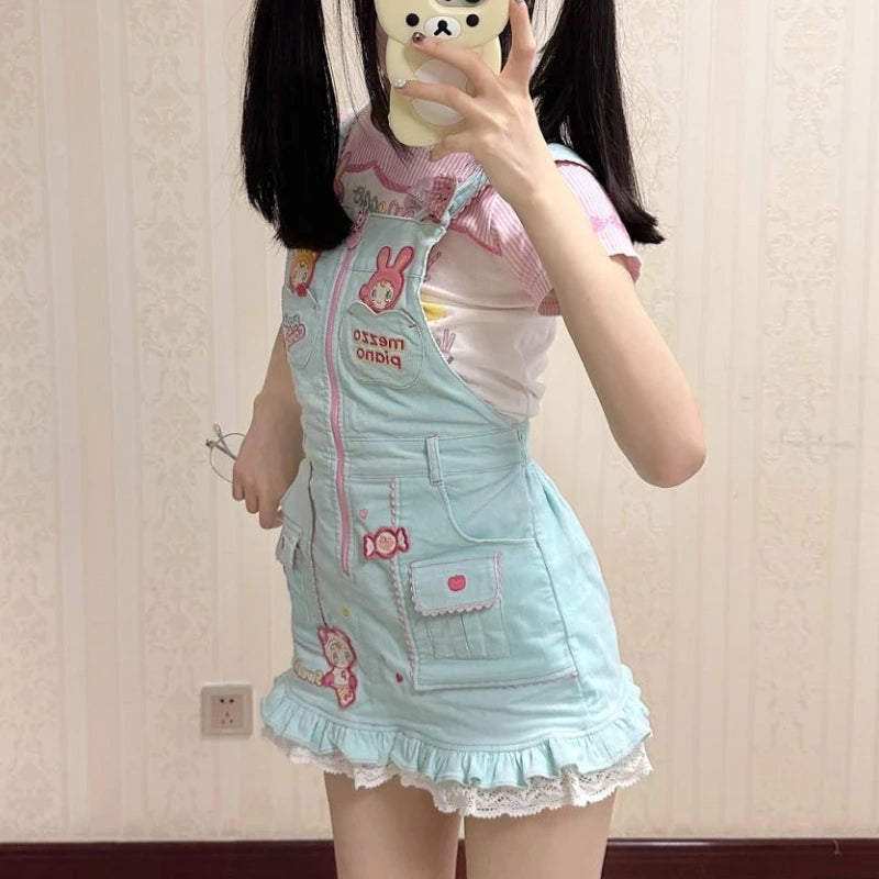 Sweet Lolita Style Strap Dress Women Cute Bunny Cartoon Embroidery Kawaii Party Mini Dress Female Korean Fashion Princess Dress SS69