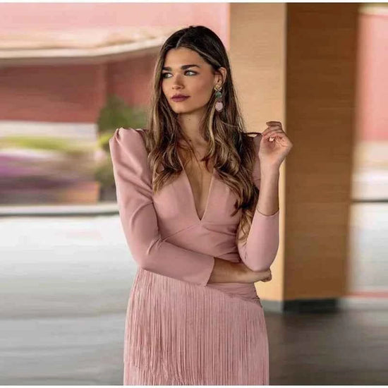 Women Stacked Tassel Maxi Dress Elegant Deep V Neck Full Sleeve Slim Fit Long Gowns Lady New Evening Party Fashion Robes 2025