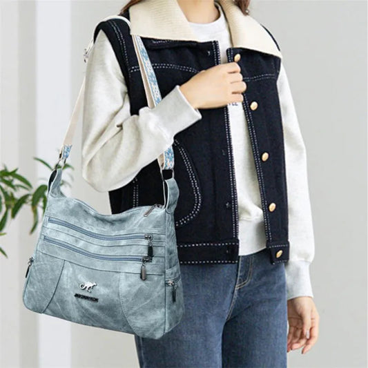 FXZLLQCN Vintage Faux Leather Multi-Layer Crossbody Bag with Zipper Closure