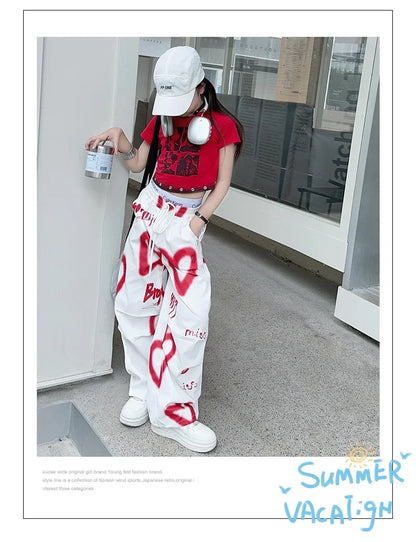 summer junior Girls Love Graffiti Casual Pants teenager girl Casual Hip Hop cargo pants kids Dance pants children clothes - SS69