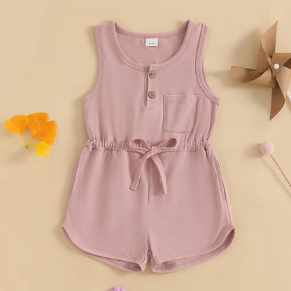 2024-12-04 Lioraitiin Litter Girls Summer Casual Jumpsuit Sleeveless Crewneck Solid Color Drawstring Tank Romper - SS69 