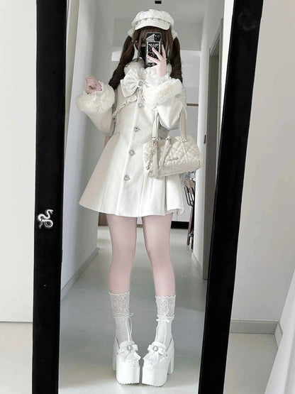 Japanese Mass-Produced Long Wool Collar Coat 20% Wool Waist-Cinching Sweet Girl Long Sleeve Slim Fit Elegant Lolita Woolen Coat