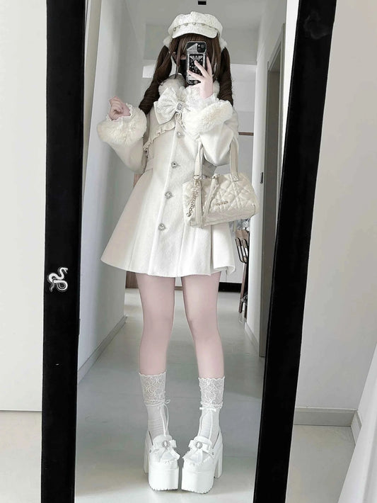 Japanese Mass-Produced Long Wool Collar Coat 20% Wool Waist-Cinching Sweet Girl Long Sleeve Slim Fit Elegant Lolita Woolen Coat