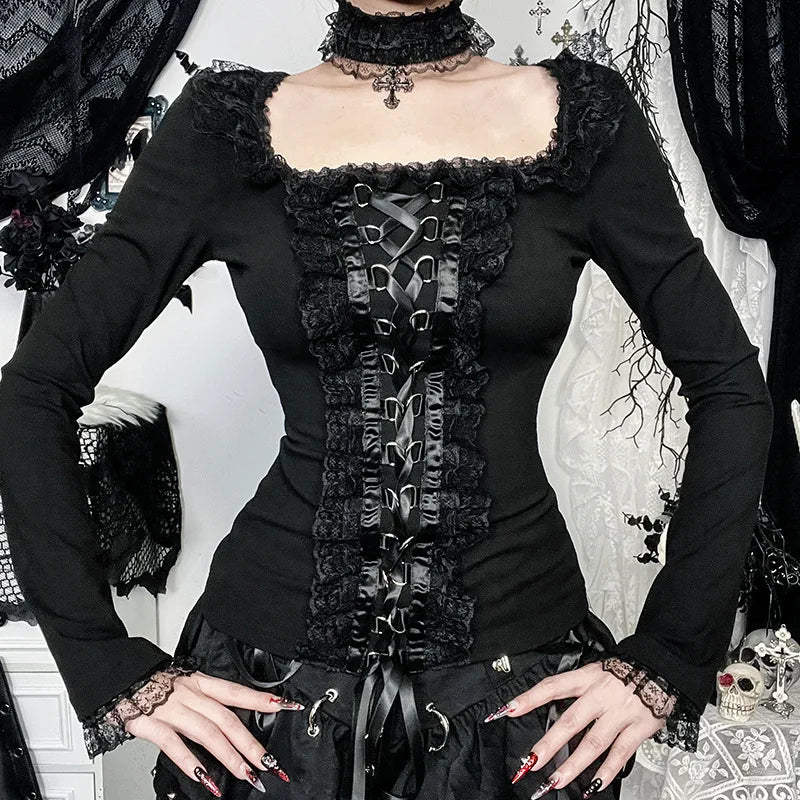 AltGoth Aesthetic Goth T-shirt Women Hotsweet Y2k E-girl 2000s Streetwear Lace Patchwork Square Collar Long Sleeve Crop Tee Tops - SS69