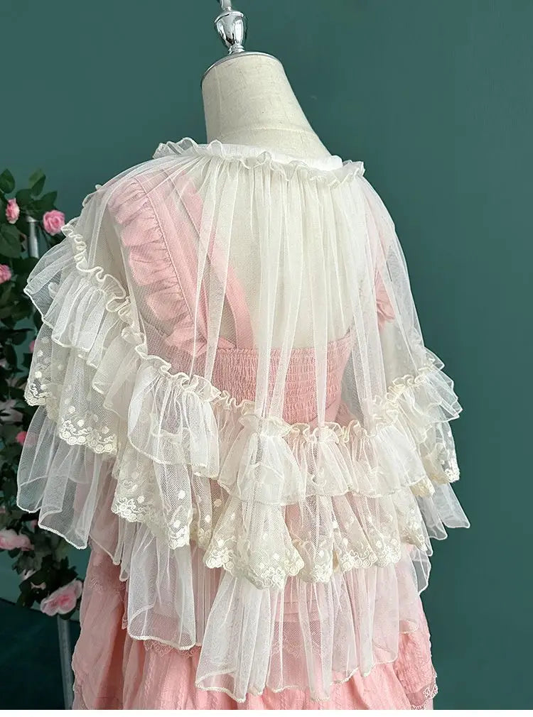 Women's Lace Mesh Short Shawl Poncho - Open Front Ruffled Collar