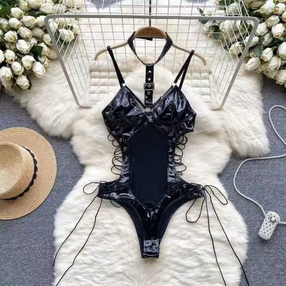 Women Hotsweet Sexy Drawstring Lace Up Design Halter Playsuits Fashion Transparent Bodysuits Slim Hollow Out Summer Rompers  New