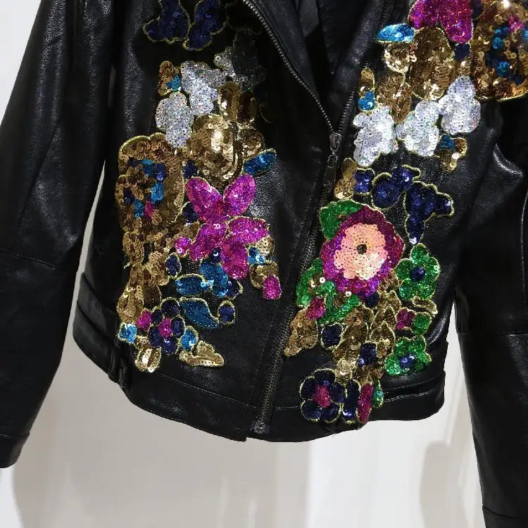 Chic Floral Sequined Embroidery Faux Leather Jacket Short Locomotive PU Coat Diamonds Beaded Turn Down Collar Zippers Streetwear SS69