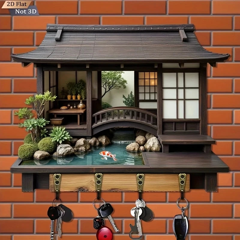 SS69 2D Retro Japanese-Style Wooden Key Holder with 4 Bronze Hooks